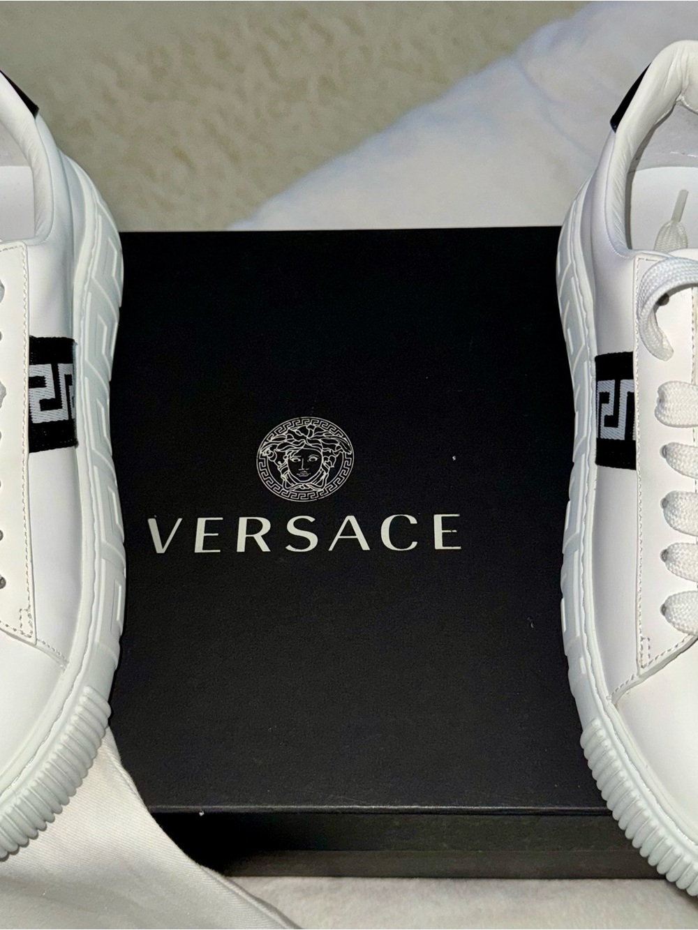 Versace White Low-Top Sneakers with Black Greca Stripe
